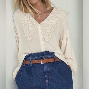 ZARA | Ivory Blouse Floral Embroidered Lace Oversized Maxi Collar Peter Pan